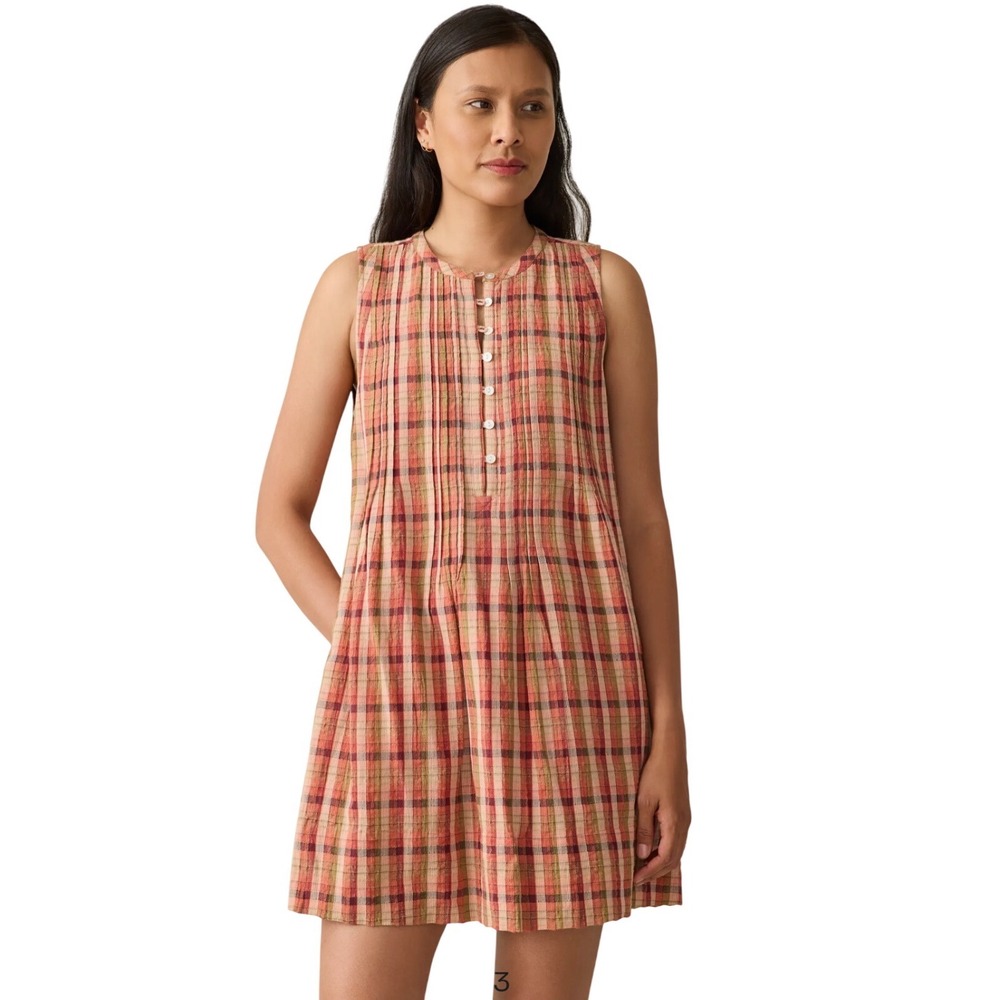Faherty Isla Organic Cotton Plaid Sleeveless Mini Dress Womens Large